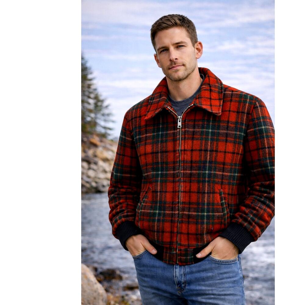 Huckberry Vintage L Plaid 100% Wool Bomber Jacket $350 Quilted Coat Red 44